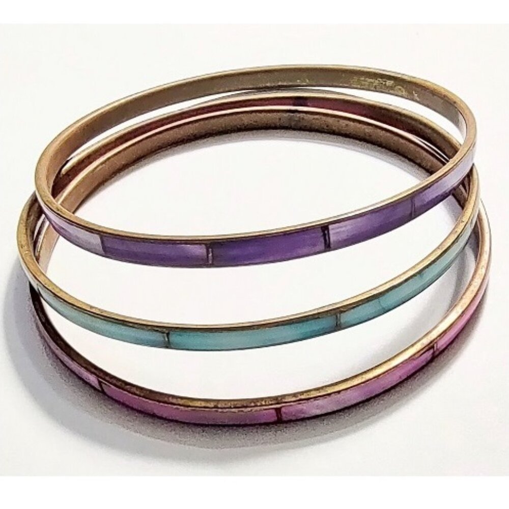 Vintage Brass and Mother of Pearl Purple, Pink, Turquoise Bangles